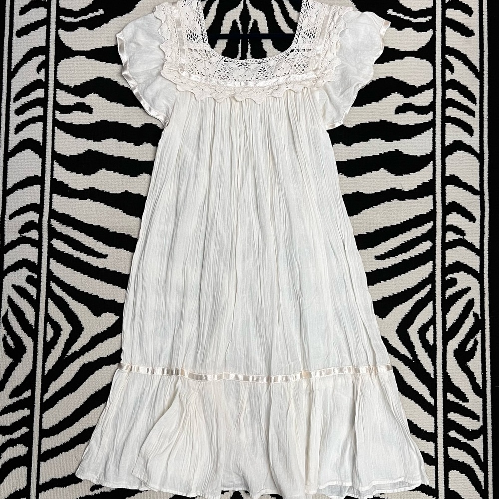 Boho Gauzy m Crochet Cotton Ivory MIDI Dress Size Medium